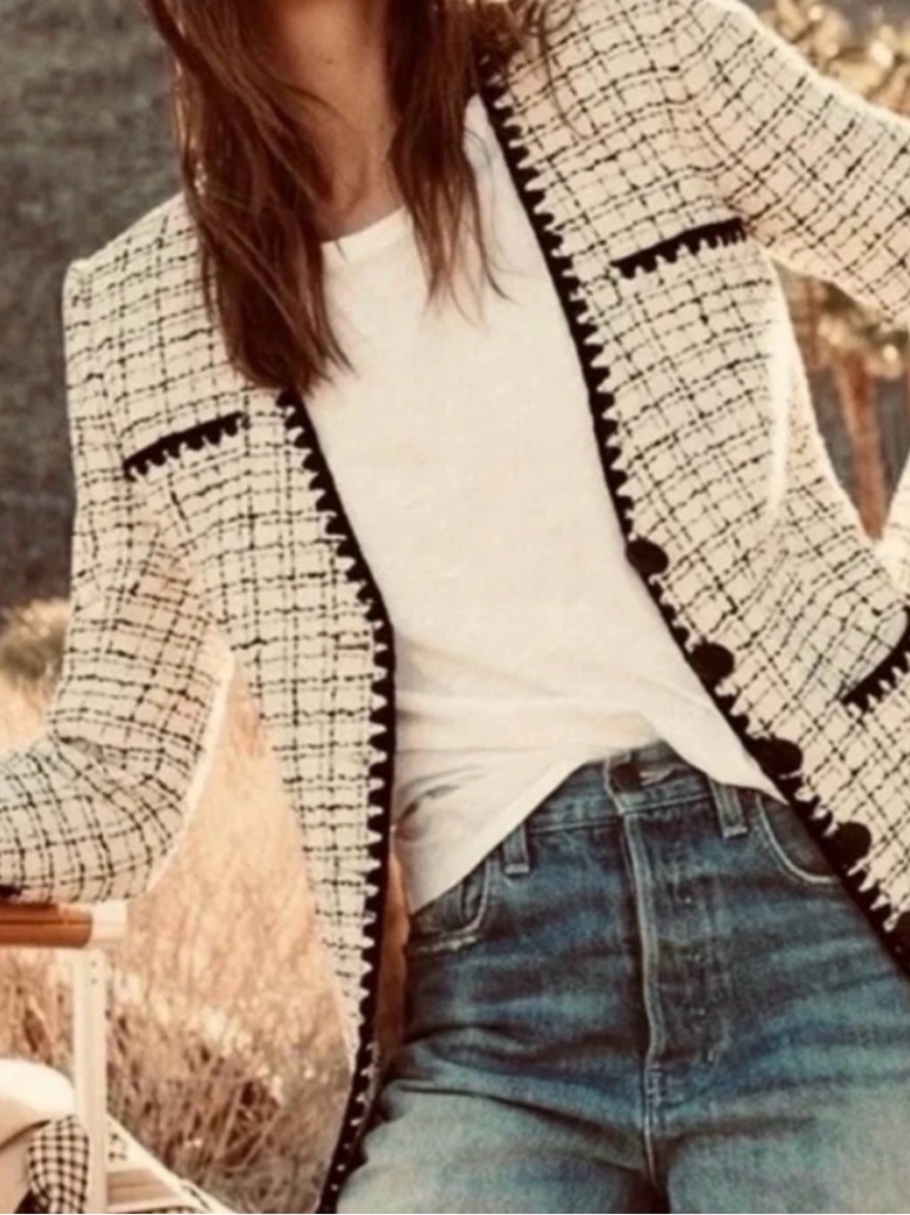 Veronica Beard Albia plaid tweed trim blazer cream and black size 4 work